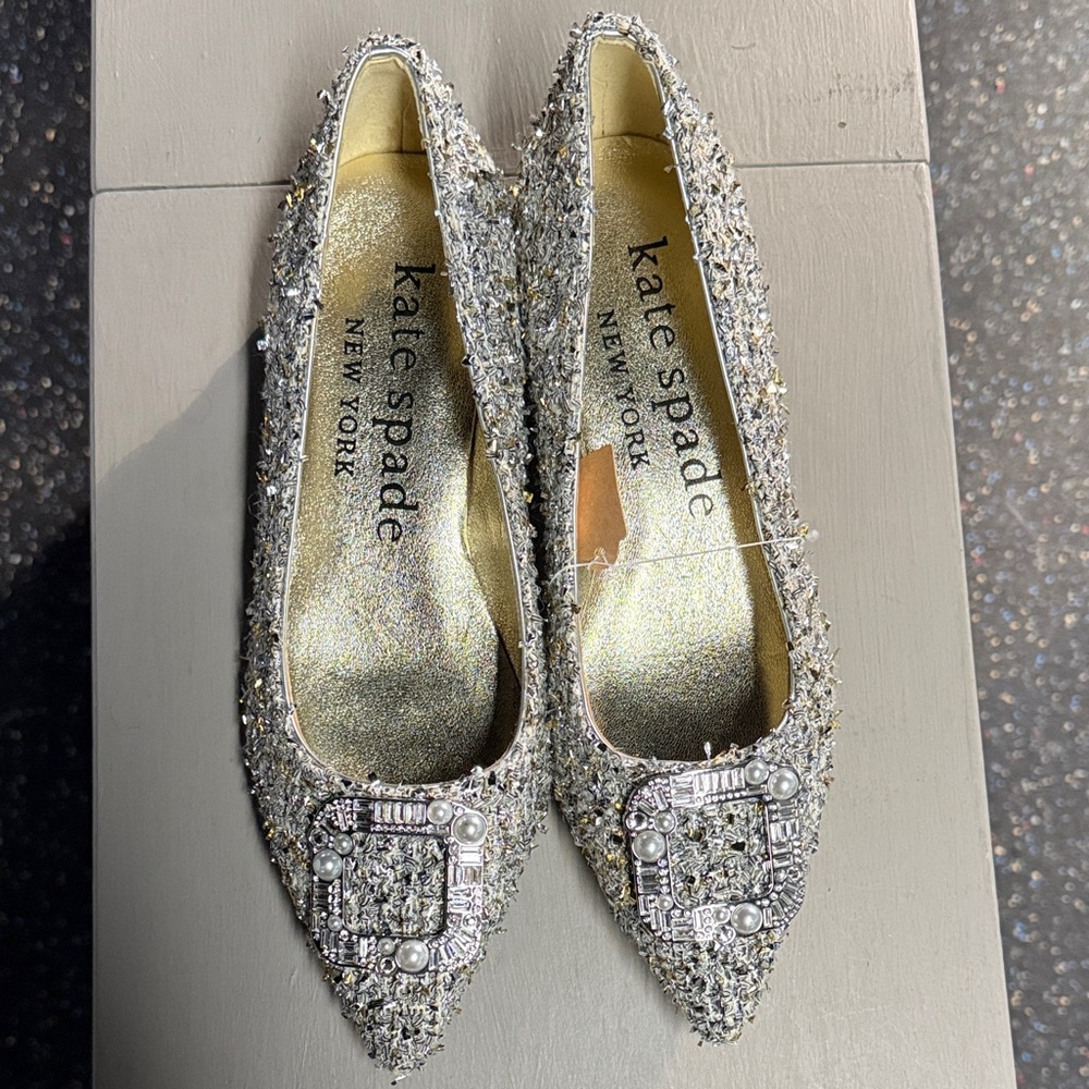 Kate Spade Glittering Silver Flats with Embellished Buckle